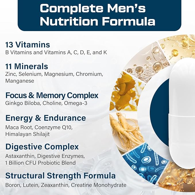 Multivitamin for Men 50+ with Methylated B12 &amp Folate Omega-3 &amp CoQ10 – Fermented Herbal Blend 43 Vitamins &amp Minerals – Supports Brain &amp Memory and Immune Health - 90 Capsules