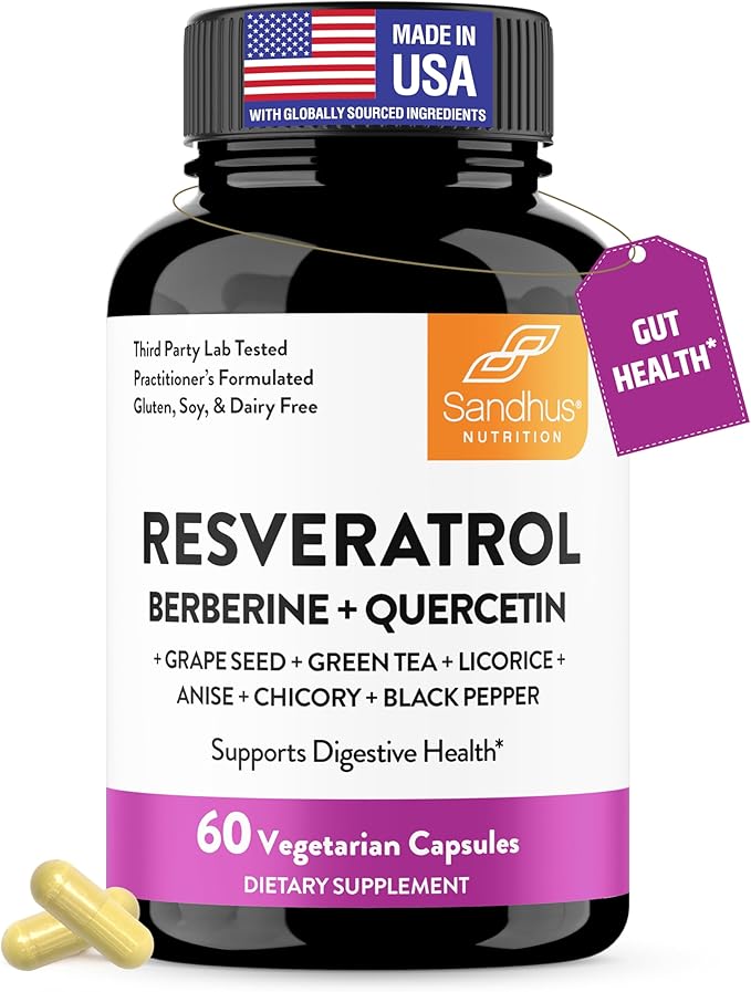 Resveratrol with Berberine Supplement For Gut Health Support | 60 Digestive Capsules For Women &amp Men | With Green Tea Extract Star Anise DGL Grape Seed &amp Quercetin | Helps Ease Bloating &am