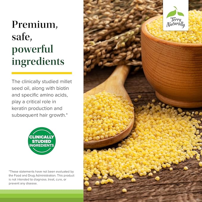 Terry Naturally Hair Renew Formula - Healthy Hair Growth Supplement with Biotin B Vitamins &amp Zinc - Millet Seed Oil for Keratin Production Support &amp Stronger More Radiant Strands - 60 Softgel