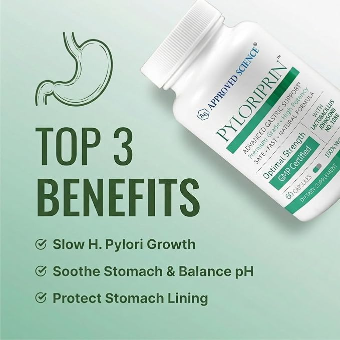 Approved Science Pyloriprin - Advanced Digestive Support for A Healthy Stomach - Zinc L-Carnosine Probiotic Broccoli Sprout Deglycyrrhized Licorice - 60 Capsules - One Month Supply - Vegan