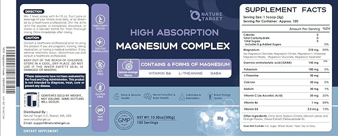 NATURE TARGET Magnesium Powder Supplement with Glycinate Citrate Malate Magnesium Complex with L-Theanine &amp Vitamin B6 for Muscle Heart &amp Brain Vegan 10.58 oz (100 Servings) Lemon Orang