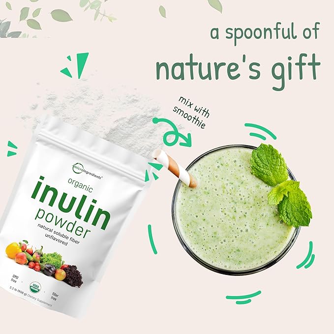 Micro Ingredients Organic Inulin FOS Fiber Powder 2.2 lbs | Quick Water-Soluble Prebiotic | Natural Fiber for Smoothies &amp Drinks | Vegan Friendly Dissolves Clear