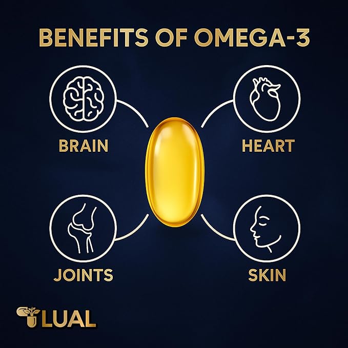 LUAL Omega-3 Fish Oil Softgels – 1000mg with EPA and DHA Lemon Flavor Burpless Non-GMO Formula for Heart Brain and Overall Wellness – 120 Count
