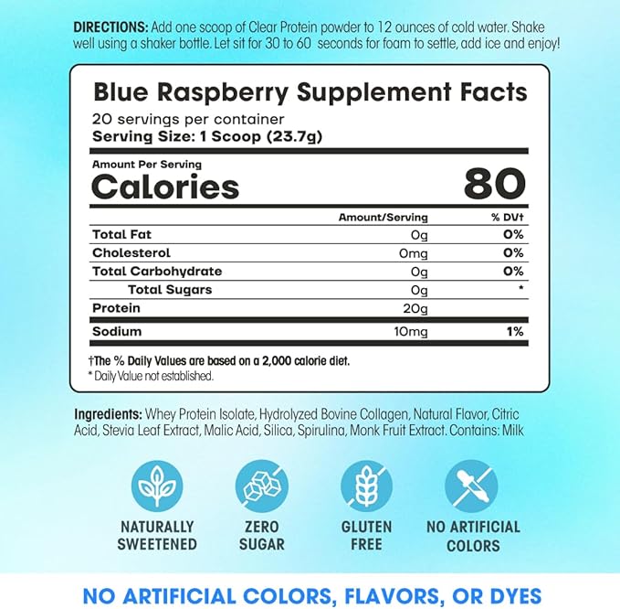 Fit &amp Lean Clear Protein Powder with Whey Isolate Protein and Collagen Grass Fed Muscle Recovery Skin Joints GLP-1 Support 0g Sugar Blue Raspberry 20 Servings