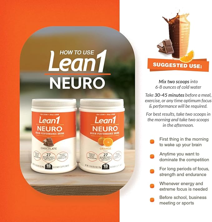 Lean1 Neuro Chocolate Mental Energy Drink 15 Serving tub by Nutrition53