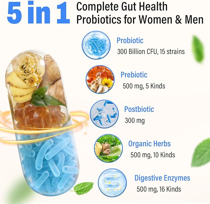 (180 Capsules) Probiotics for Women &amp Men 5-in-1 Probiotic Prebiotic Postbiotic Organic Herbs &amp 16 Digestive Enzymes Blend 300 Billion CFU Complete Gut Health Digestive Health &amp Imm