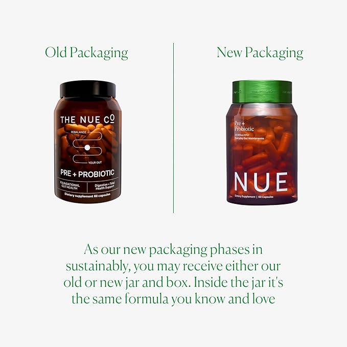 The Nue Co. Pre + Probiotic Supplement - Synbiotic &amp Spore Based Formula for Daily Gut Balance - Vegan &amp Gluten Free Immune Supplement - Supports Digestive Wellness Immunity &amp Skin | 60 C