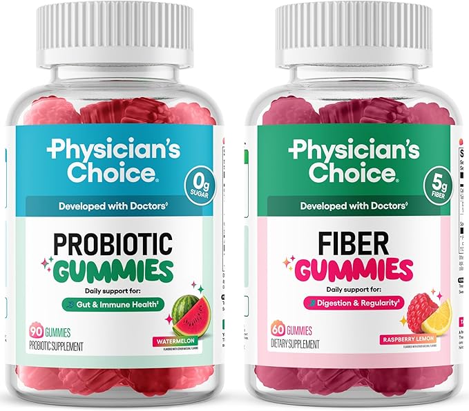 Physician's CHOICE Gut Gummy Bundle: Probiotic Gummies + Fiber Gummies - No Sugar Added &amp Vegan - Supports Digestive Health &amp Regularity for Women and Men