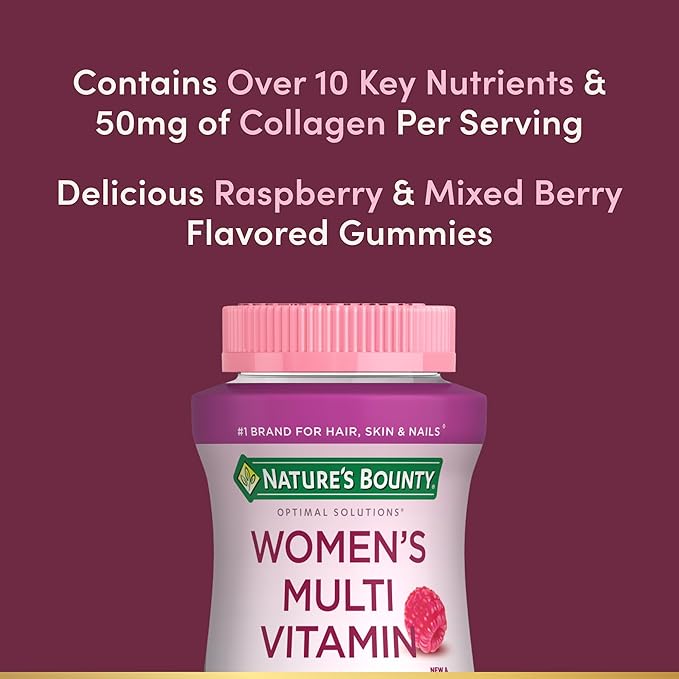 Nature's Bounty Optimal Solutions Women's Multivitamin Gummies for Immune Support Cellular Energy Support Bone Health Raspberry Flavor 140 Ct 70 Total Servings (Pack of 3)