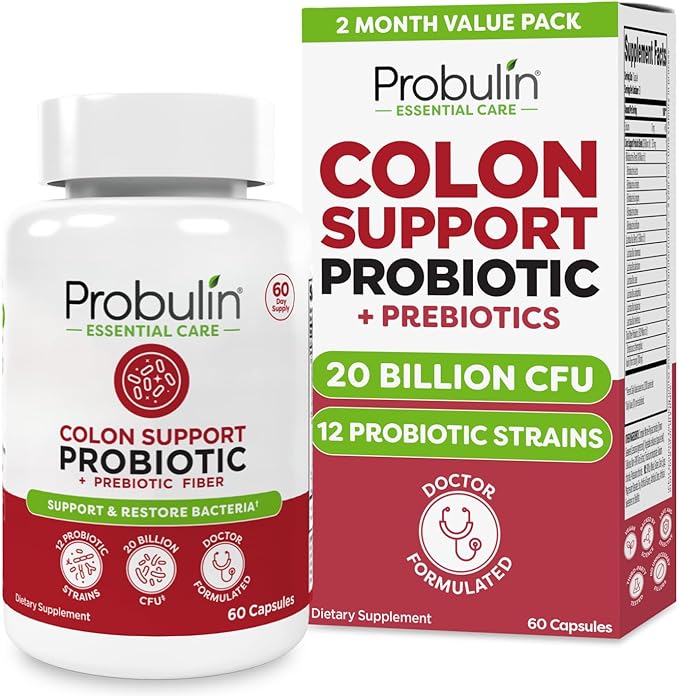 Probulin Colon Support Probiotic Supplement Daily Gut Digestive and Immune Health Probiotics Capsules for Men and Women 20 Billion CFU Vegan 60 Count Bottle