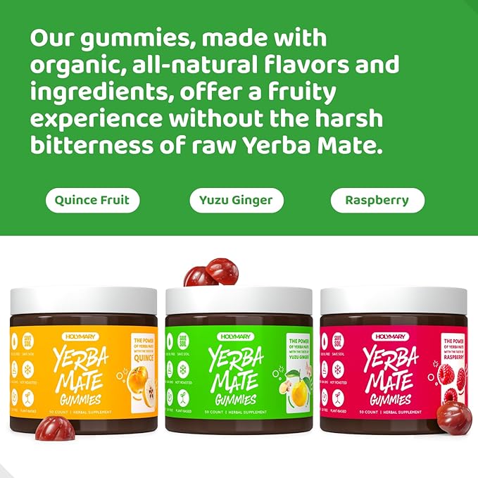 Yerba Mate Gummies - Yuzu &amp Ginger Flavor for Energy Focus Immunity &amp Cardio Health | Vegan Non-GMO Gluten-Free - 50 Natural Supplement Gummies
