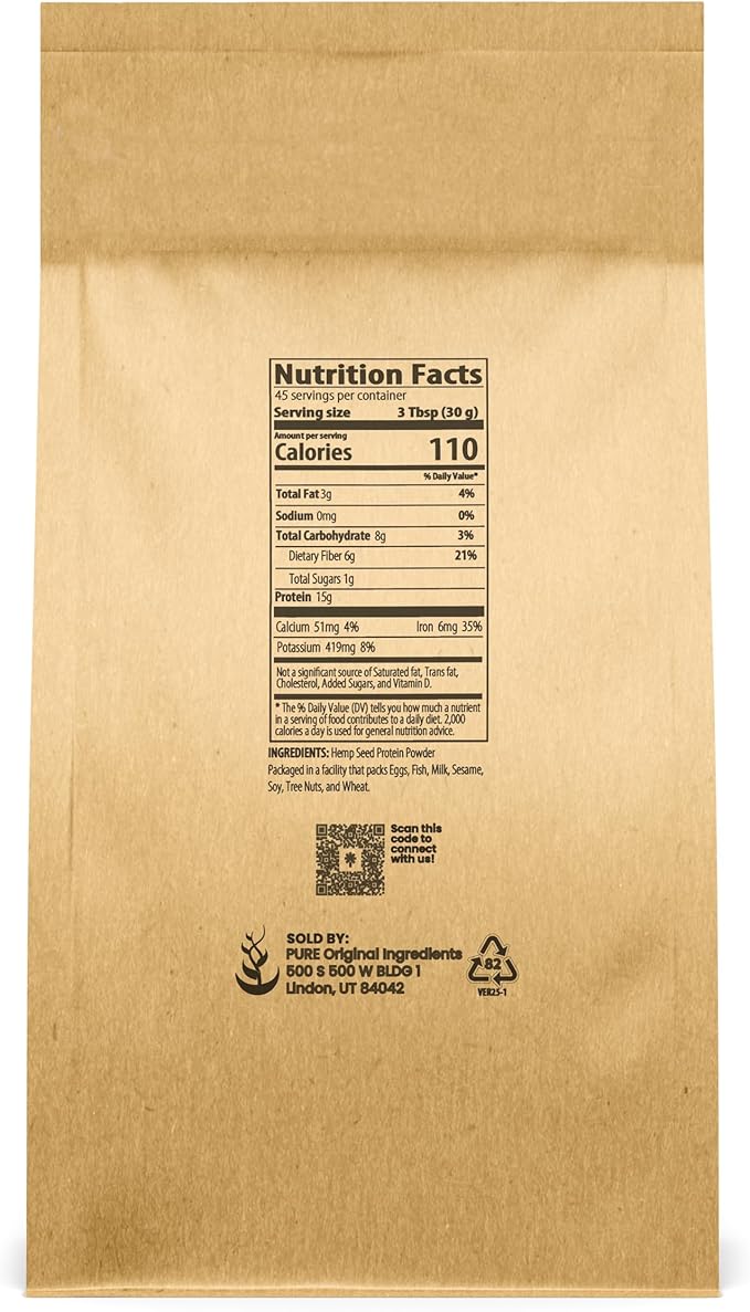 Pure Original Ingredients Hemp Seed Protein Powder (3 lb) Smoothies &amp Shakes Nutty Flavor Smooth Texture