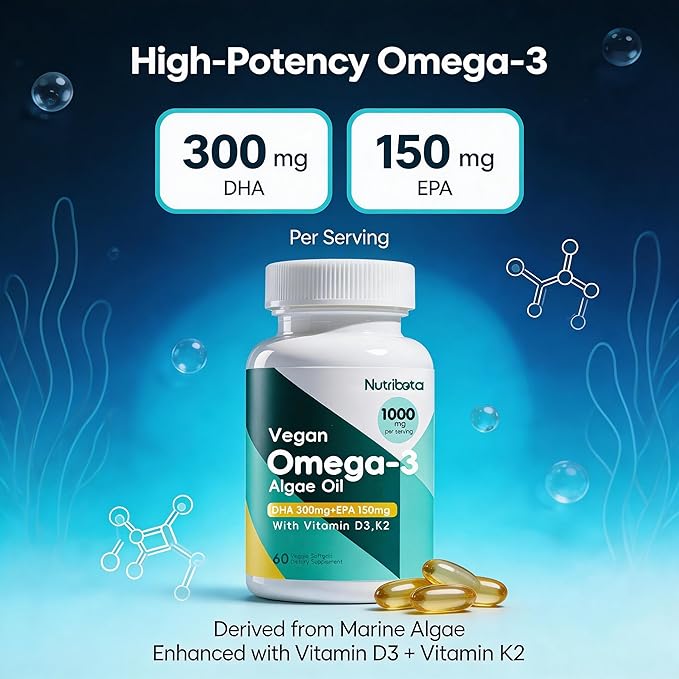 Vegan Omega-3 Algae Oil Supplement with DHA 300mg &amp EPA 150mg Plant-Based Omega-3 with Vitamin D3 &amp K2 Fish-Free Algal Oil Softgels for Men &amp Women 60 Softgels 30 Day Supply