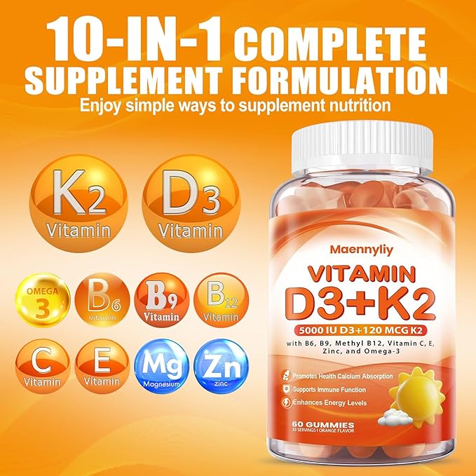 Vitamin D3 K2 Gummies for Adults - Vitamin D3 5000IU + K2 (MK-7) 120mcg - Sugar-Free D3 and K2 Supplements with Omega-3 Methyl B12 B9 B6 Vitamins E &amp Zinc - for Calcium Absorption &amp Immune