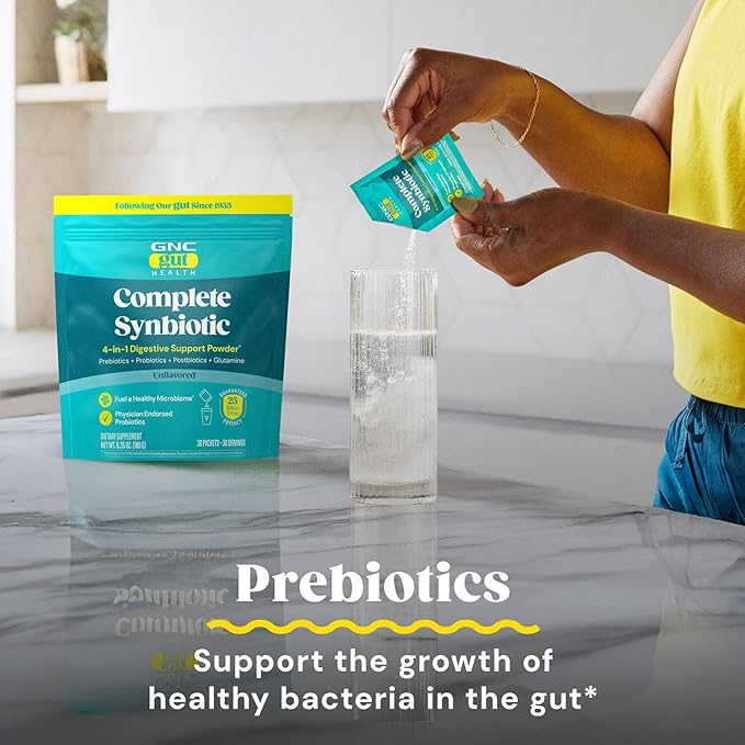 GNC Complete Synbiotic 4-in-1 Digestive Support Powder - Stomach Balance Formula with Physician-Endorsed Strains - Prebiotic Probiotic &amp Postbiotic Blend - Drink Mix - 30 Count (30 Servings)