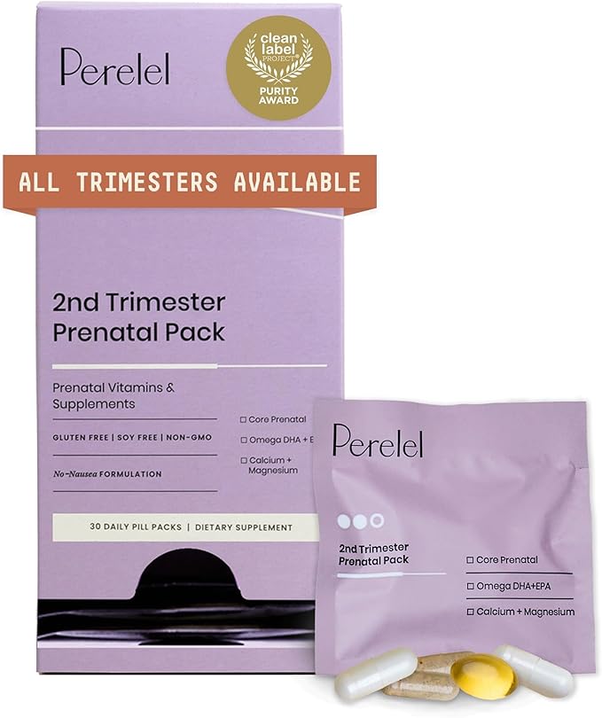 Perelel 2nd Trimester Prenatal Pack Multivitamin with Magnesium Omega 3 Iron &amp Calcium Nutritional Support for Second Trimester Wellness Soy &amp Gluten Free Non GMO 30 Daily Pill Packs