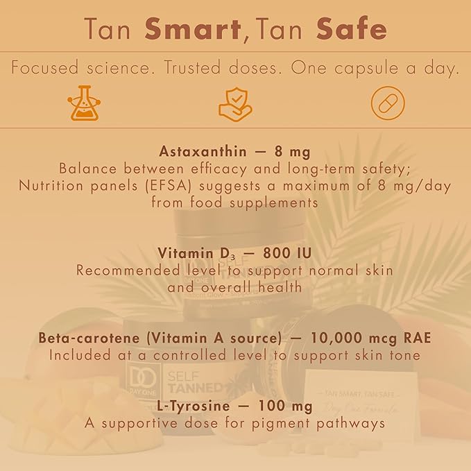 Self Tanned - Smart &amp Safe Tanning Supplement for Women and Men | Natural Astaxanthin L-Tyrosine Beta-Carotene &amp Vitamin D | Radiant Glow – Supports Skin Health | 30 Veggie Capsules