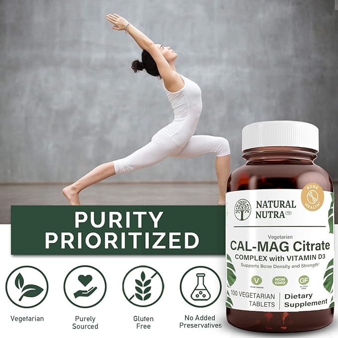 Natural Nutra Cal-Mag Citrate with Vitamin D31000/500 mg Complex Strengthen Bone Density Muscle and Nerve Health Help Maintain Healthy Teeth Highly Bioavailable Sources 100 Vegan Tablets