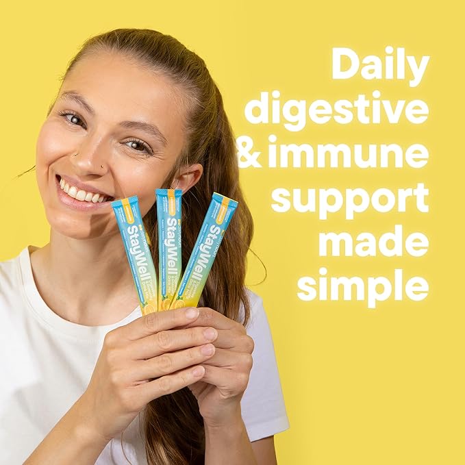 Daily Nouri StayWell Gut Health Drink Mix | Digestive &amp Immune Support Powder | Colostrum + L-Glutamine + Probiotics | Lemonade | 30 Stick Packs
