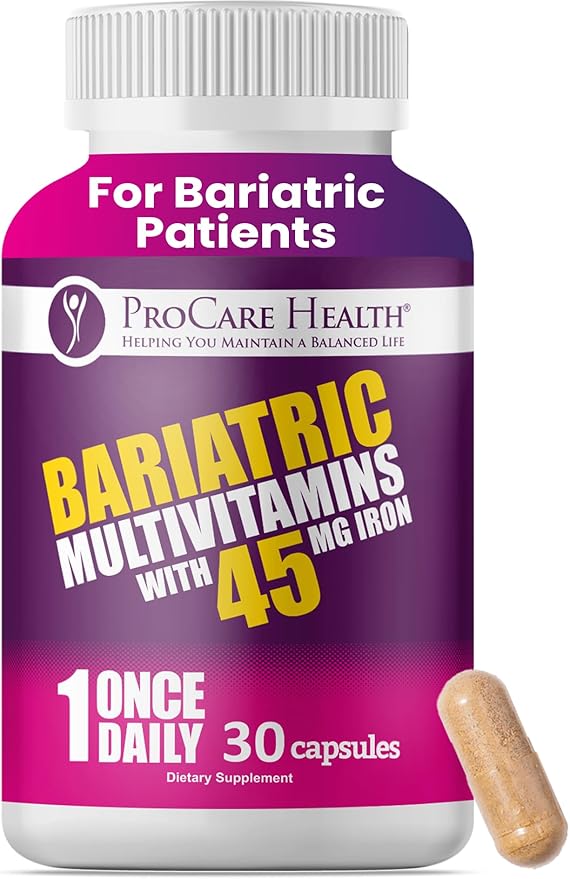 ProCare Health Bariatric Multivitamin with 45mg Iron (30 Easy to Swallow Capsules) - Once Daily Post-Op Support for Gastric Bypass &amp Sleeve with 1 Month Supply No Artificial Colors Gluten-Free