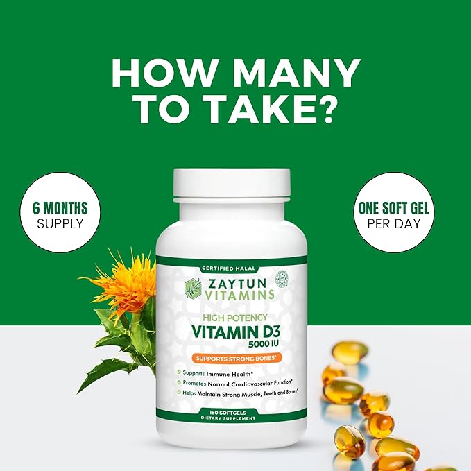 Zaytun Halal Vitamin D3 5000 IU 180 Mini Softgels Supports Bones Healthy Muscle Function &amp Immune Premium Vitamin D from Safflower Oil 6 Months Supply Non-GMO Gluten-Free Made in USA