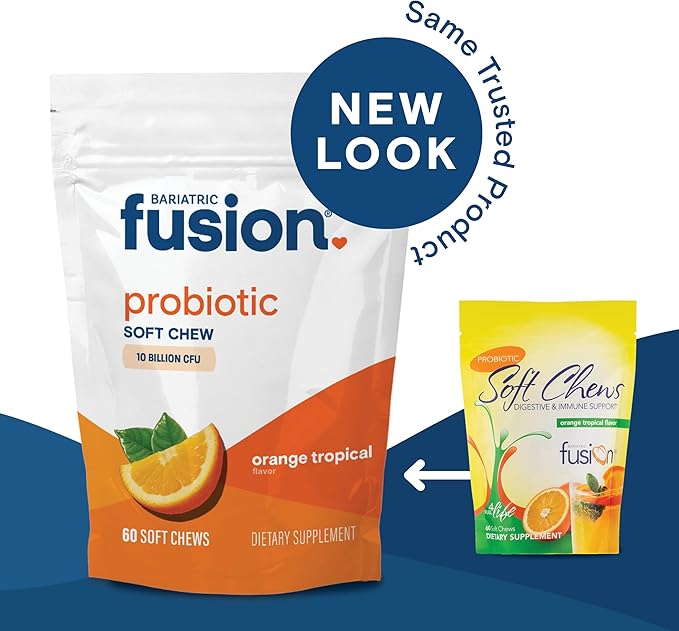 Bariatric Fusion Bariatric Probiotic Soft Chews | Orange Tropical Flavor Chewy Bariatric Vitamin | Bacillus Coagulans 10 Billion CFU Chewable Probiotic | Support Digestive &amp Immune Health | 60 Cou