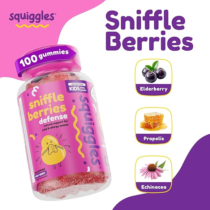 Squiggles Sniffle Berries Elderberry Gummies with Bee Propolis &amp Echinacea Kids Immune Booster Propolis Gummies for Health Toddler Vitamins for Immune Support Tasty Chewy Gummy (100 Count)