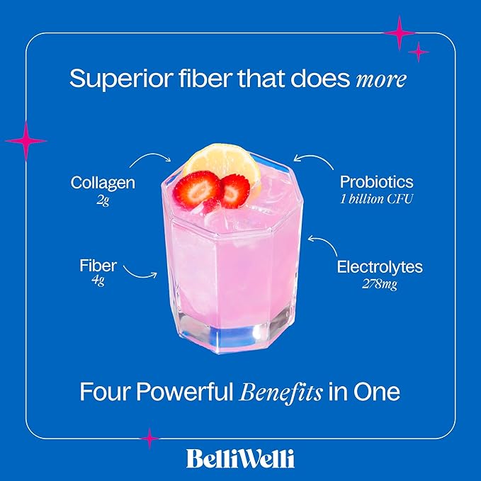 Belli Welli Daily Fiber Supplement Bundle with Collagen Probiotics &amp Electrolytes – Strawberry Lemonade &amp Wild Berry Flavors – Supports Digestion Gut Balance &amp Debloating – 32 Servings