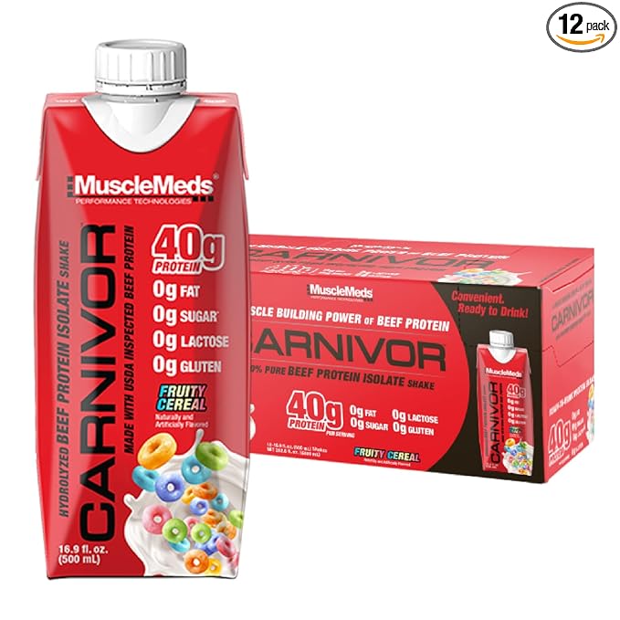 MuscleMeds Carnivor RTD Ready to Drink Protein Lactose Free Sugar Free 40g Isolate Protein Muscle Building Recovery Halal Certified Fruity Cereal 16.9 Fl Oz (Pack of 12)