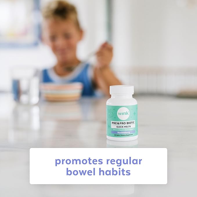 Wink Well Prebiotics and Probiotics Immune System Booster Dietary Supplement for Digestive Health Bloating Relief and Support- for Kids and Adults (Huckleberry Flavor 30 Melts)