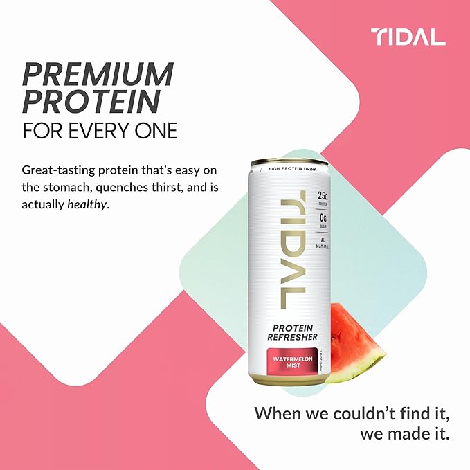 Tidal Protein Refresher | 12 fl oz | 12 Pack | 25g Clean Grass-Fed Whey | Sugar Free | Made with Natural Flavors | Drink with Essential BCAAs