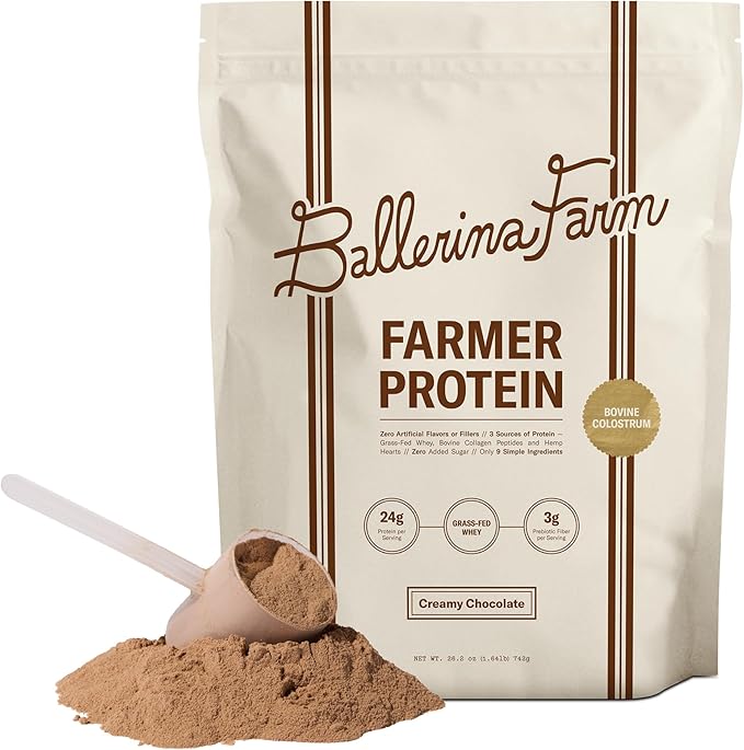 Ballerina Farm Grass Fed Whey Protein Powder Creamy Chocolate 24g Protein with Collagen Peptides Bovine Colostrum Hemp Hearts Prebiotic Fiber No Added Sugar or Artificial Ingredients 20 Servings