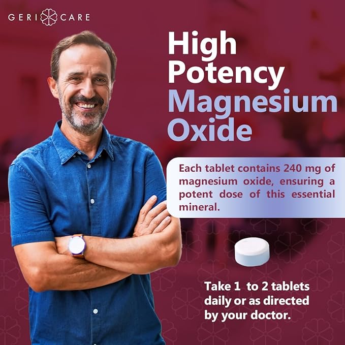 GeriCare Magnesium Oxide Supplement 240 mg - Elemental Magnesium 120 Coated Tablets – Essential Mineral Support - Promotes Vascular Health Bone Strength and Muscle Function (Pack of 6)