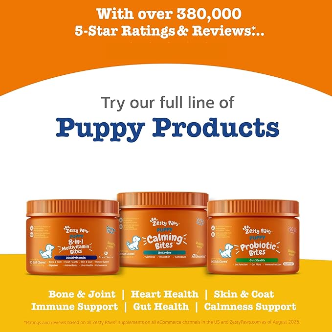Zesty Paws Dog Multivitamin Chewable Dog Vitamins and Supplements for Hip &amp Joints Skin &amp Coat Omega 3 Fish Oil for Dogs- Puppy Multivitamin - Chicken Puppy Bites- 90ct