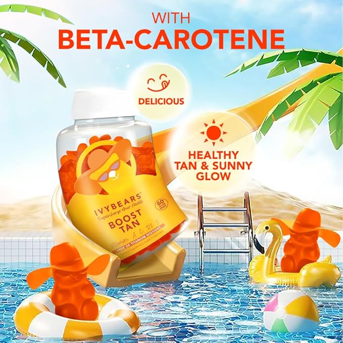 IvyBears® Glow &amp Hair Pack for Women – Hair Vitamin + Glow Tanning Gummies – Vegan Gummies with Biotin Collagen Keratin &amp Beta-Carotene – Hair Growth &amp Natural Tan Support – 60 ct Each
