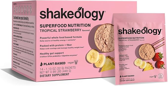 BODi Shakeology 0g Added Sugar Plant Based Protein Powder Blend Gluten-Free Shake with Vitamins and Minerals – Helps Support Healthy Weight Loss Lean Muscle Tropical Strawberry - 14 Servings