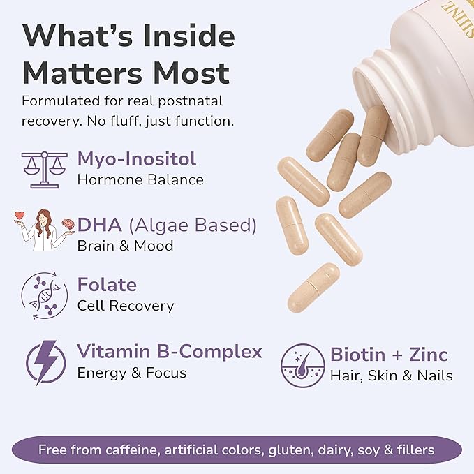 Align &amp Shine Postnatal Vitamins for Women - DHA Iron Folate Vitamin B12 &amp Myo-Inositol | Postpartum Recovery - Breastfeeding Friendly - 1 Month Supply (60 Capsules)