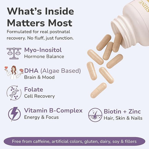 Align &amp Shine Postnatal Vitamins for Women - DHA Iron Folate Vitamin B12 &amp Myo-Inositol | Postpartum Recovery - Breastfeeding Friendly - 1 Month Supply (60 Capsules)