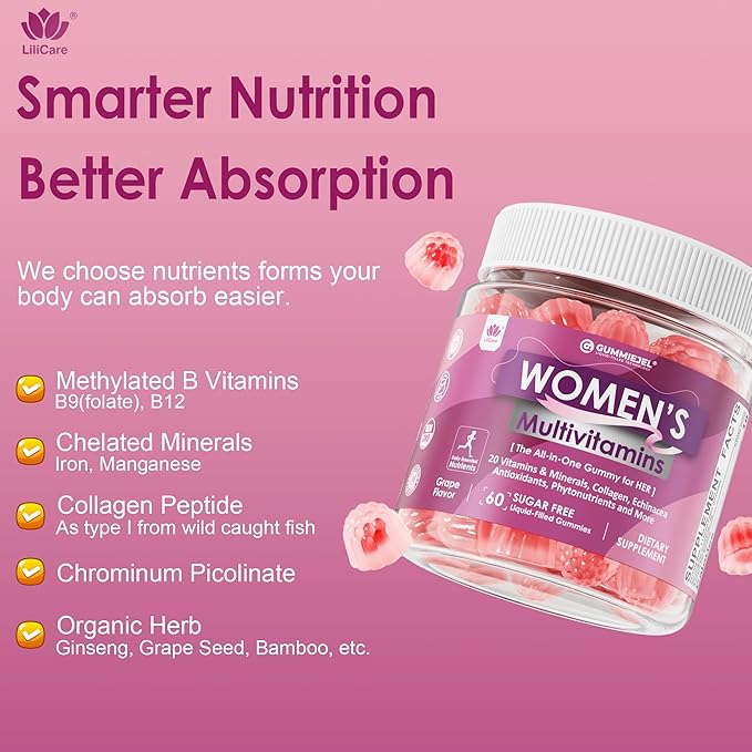 2 Pack - Womens Multivitamin Gummy Methylated Multivitamin for Women Biotin Methylfolate Iron Collagen Vitamins A C D B Complex Antioxidants for Women's Daily Support Beauty Immune No Sugar