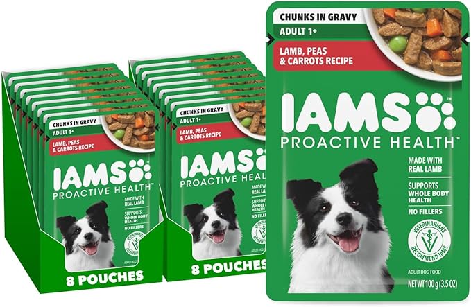 IAMS Proactive Health Adult Wet Dog Food Lamb Peas and Carrots Recipe 3.5 oz. Pouch (16 Count Pack of 1)