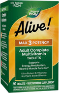 Nature's Way Alive! Max3 Potency Adult Complete Multivitamin High Potency B-Vitamins to Support Cellular Energy Metabolism* Multivitamin with Methylated B12 &amp Folate No Added Iron 90 Tablets