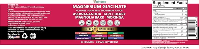 Adndale Magnesium Glycinate 400 mg Gummies with Ashwagandha Magnesium Malate &amp Taurate Tart Cherry Magnolia Bark Lemon Balm Passionflower Chamomile L-Theanine Zinc Vitamin K2 &amp D3. 90