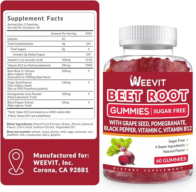 Beet Root Gummies Nitric Oxide Supplement for Men Women | Organic Beet Gummy with Grape Seed Pomegranate Black Pepper Vitamin C B12