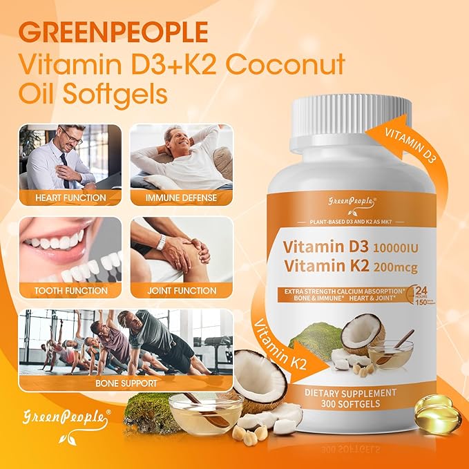 GREENPEOPLE K2 D3 Vitamin Supplement Vitamin D-3 &amp K-2 MK-7 10000 IU/200 mcg with Virgin Non-GMO Coconut MCT Oil | 300 Vegan Softgels | Bone Health Immune Support