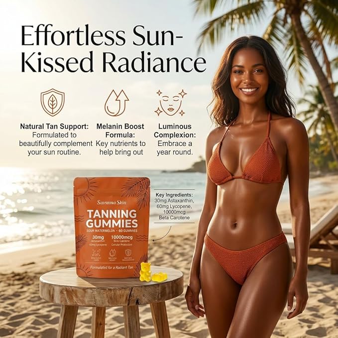 Savanna Skin Sunless Tanning Gummies for Natural Bronze Glow - with Beta Carotene Vitamin C &amp E - Vegan &amp Sugar-Free Skin Hydration Supplement - 60 Count