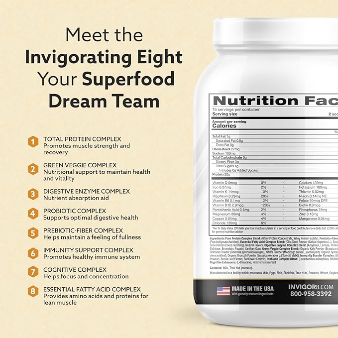 INVIGOR8 Superfood Grass Fed Whey Protein Isolate Shake Himalayan Salted Caramel Gluten-Free and Non GMO Meal Replacement with Probiotics and Omega 3 (645g)