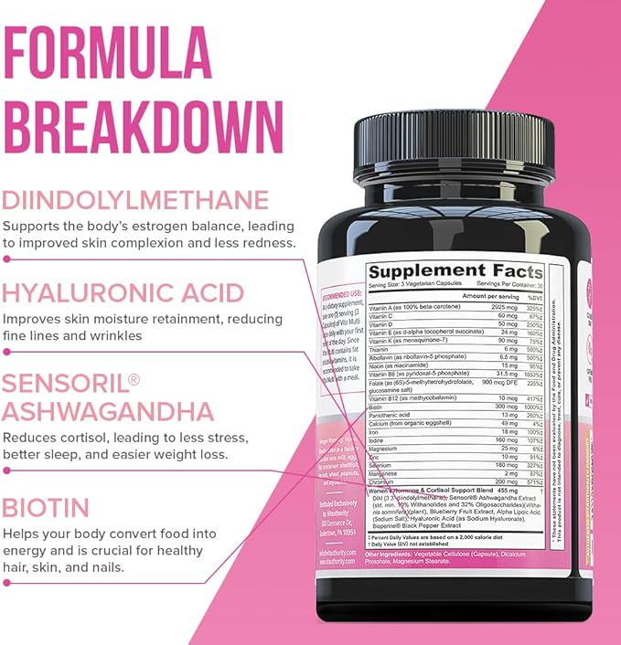 Vitauthority Multivitamin for Women Women’s Daily Multi-Vitamin Supplement with DIM Iodine Ashwagandha Supports Youthful Complexion Healthy Cortisol and Estrogen Balance 30 Day Supply