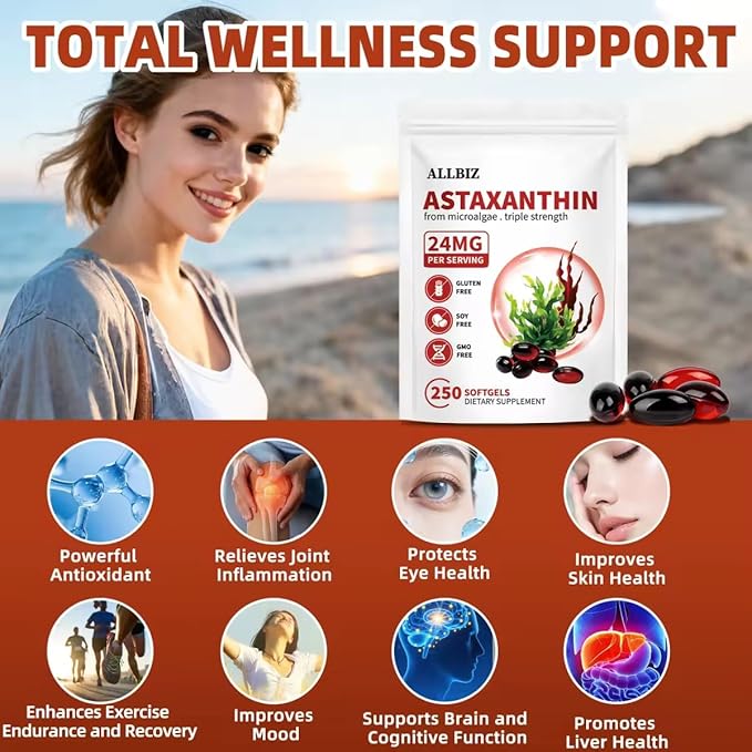 ALLBIZ Astaxanthin 24mg | 250 Softgels | 250-Day Supply | Premium Antioxidant Supplement Supports Eye Skin Brain &amp Liver Health | Natural Microalgae Source Non-GMO Gluten Free