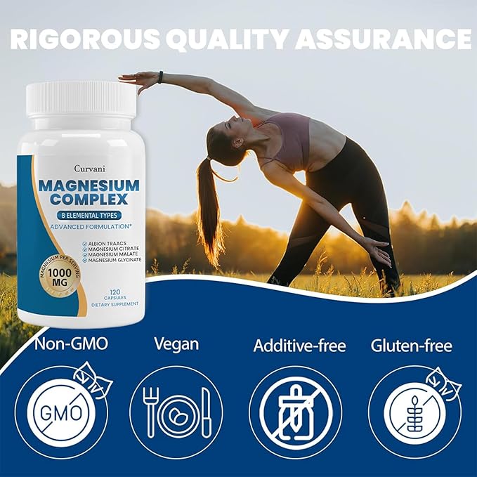 Magnesium Complex Supplement Provided by 1000mg of Eight Different Forms of MagnesiumEasy Absorption for Bones Muscle Recovery Energy Vegan Non-GMO120 Capsules (1pcs)