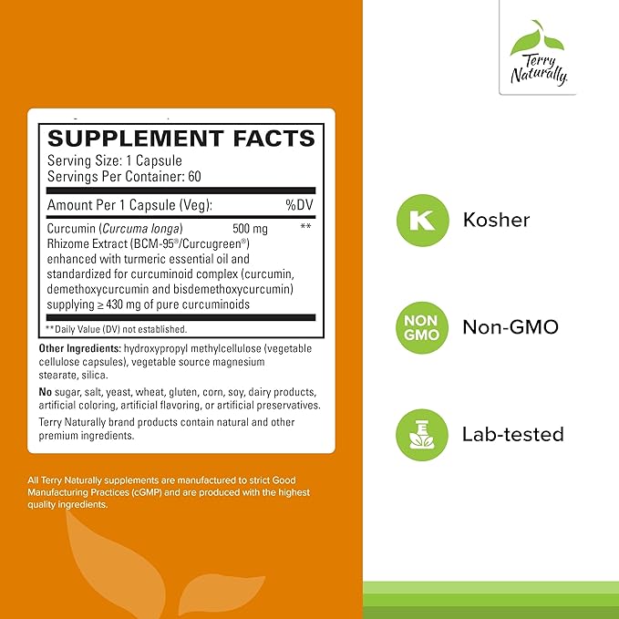 Terry Naturally CuraMed 500mg - Antioxidant Supplement for Brain &amp Immune Health Support - Supplement with Curcumin &amp Turmeric Essential Oil - Herbal Liver Support - 60 Capsules